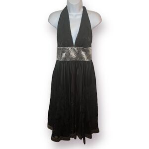 Marchesa Notte Burnout Bird Metallic Backless Halter Dress Rayon Silk Black 10